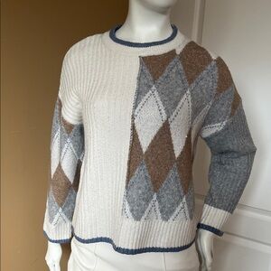 Rachel Zoe Cream, Gray & Brown Argyle Crewneck Sweater